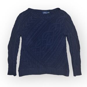 019 RALPH LAUREN Women's Cable-Knit Cotton Crewneck Sweater - Navy Blue, Medium